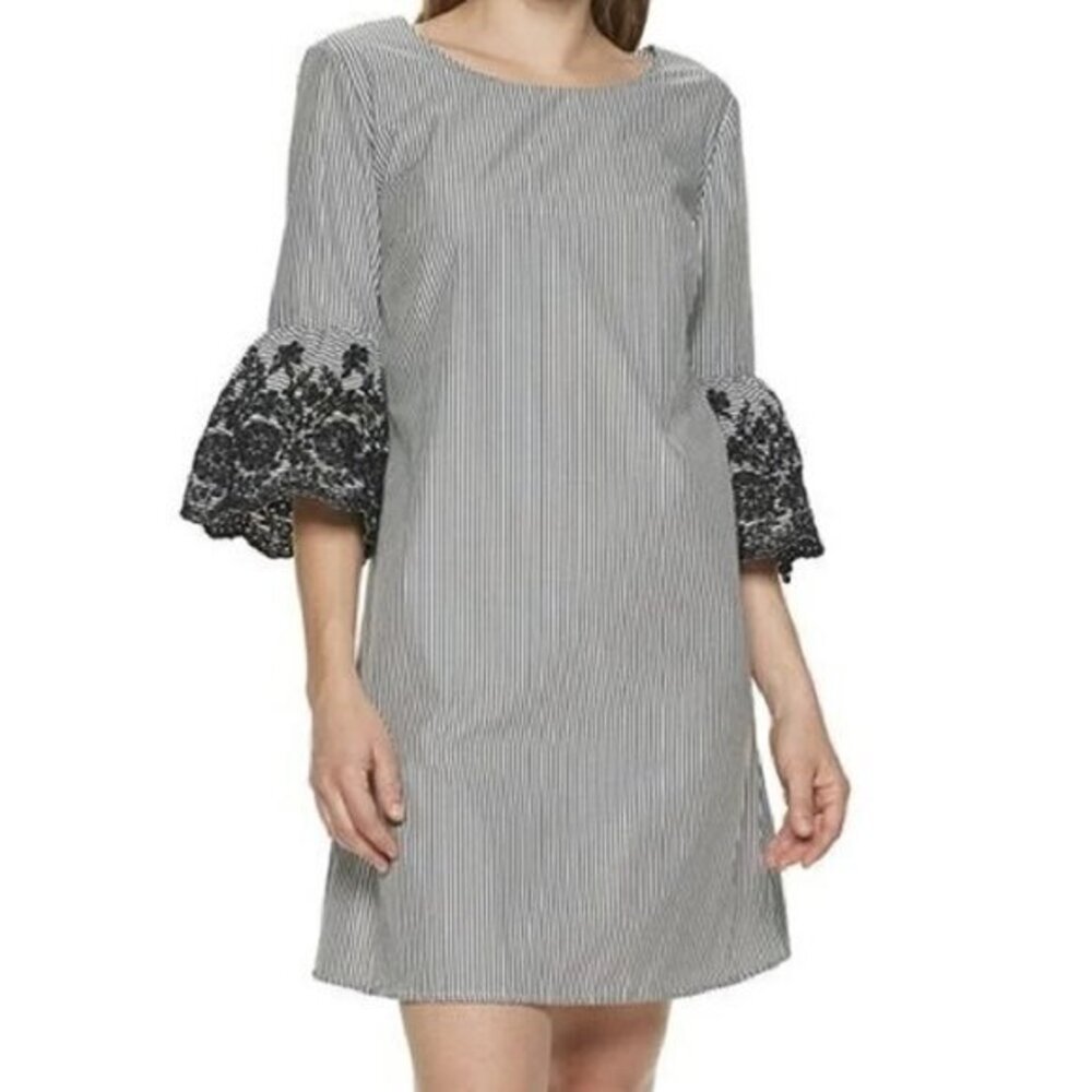Nina Leonard Black & White Striped Shift Dress Eyelet Embroidered Bell Sleeves S